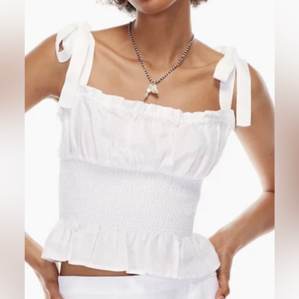 Aritzia Wilfred Ballad Smocked Linen Tie Strap Peplum Cami Top Size Medium - Picture 2 of 9
